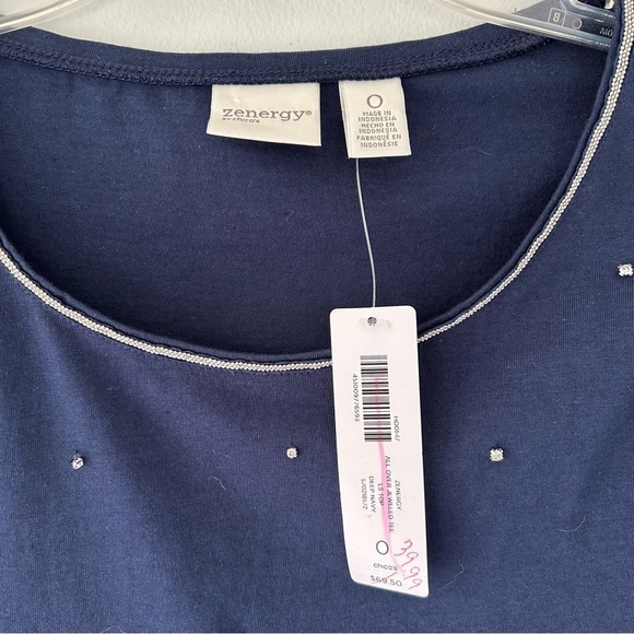 Chico’s Navy Blue Rhinestone Long Sleeve Shirt Silver Size 0 Small NWT - Picture 3 of 9